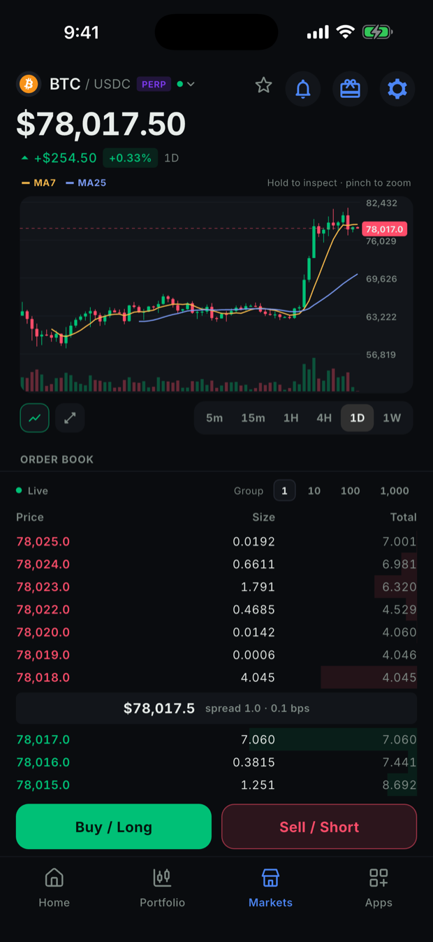 Arbiter trading screen showing a BTC perpetual chart and order entry