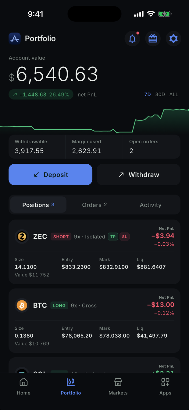 Arbiter portfolio showing account value, P&L curve and open positions